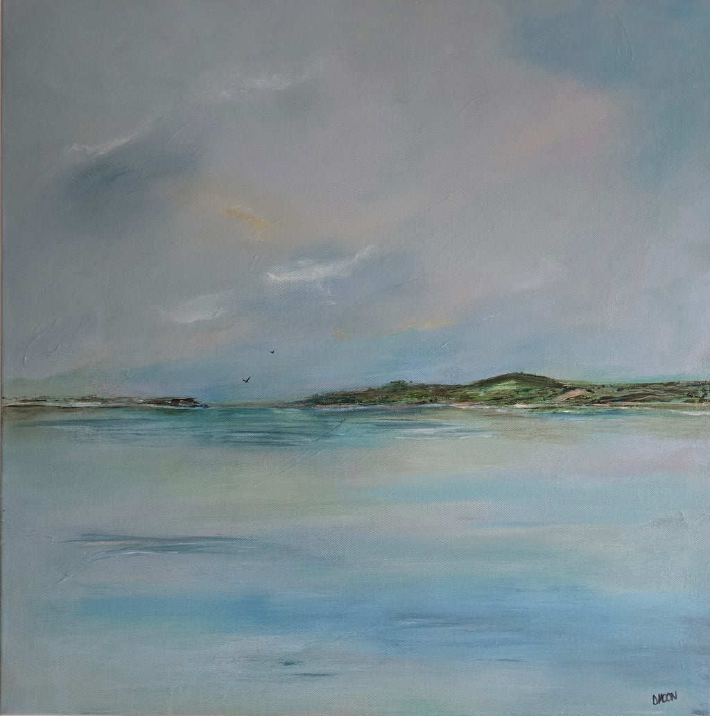 Original abstract seascape painting in soft blue tones titled Still Waters, 60x60cm acrylic on canvas
