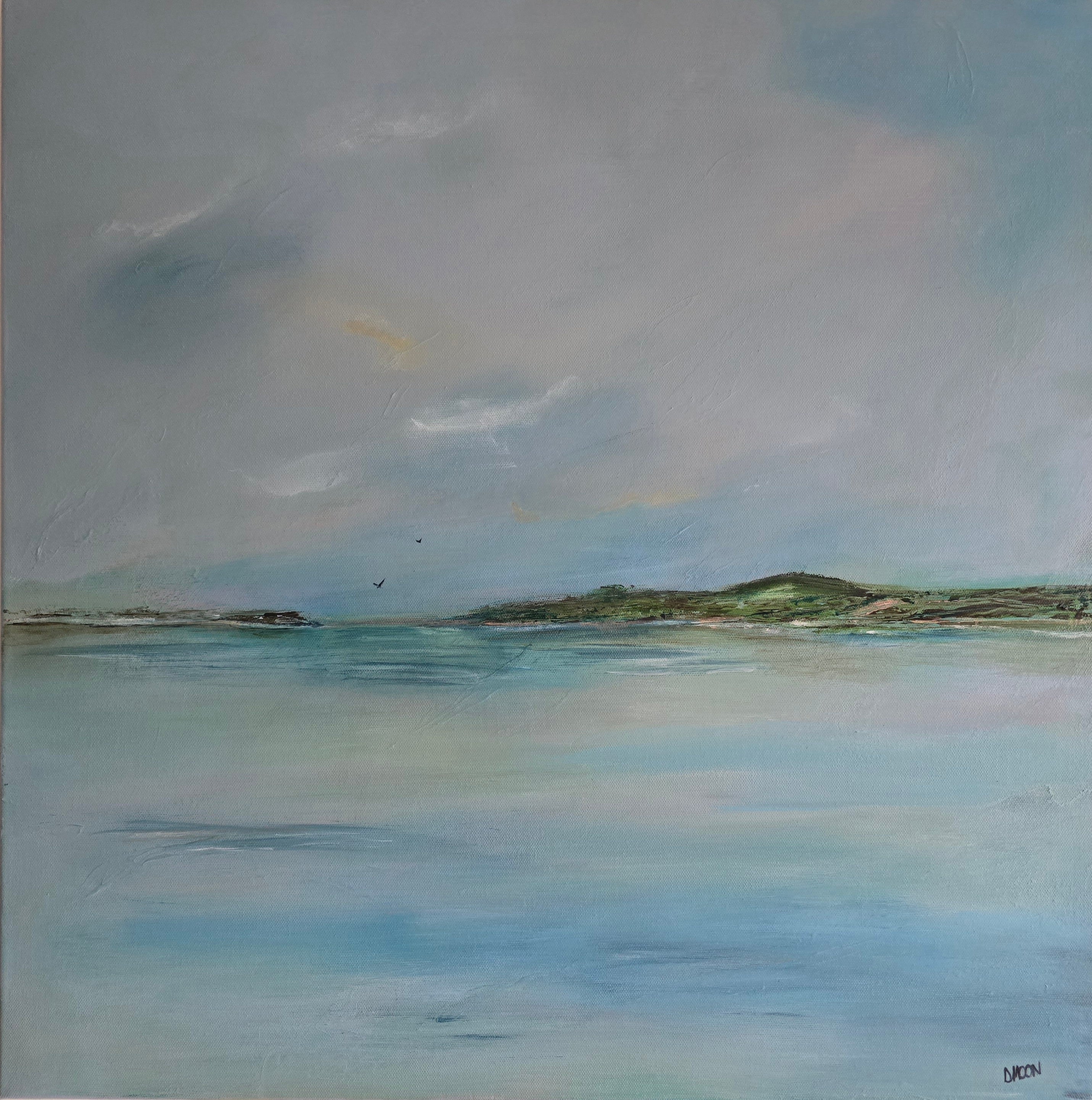 Original abstract seascape painting in soft blue tones titled Still Waters, 60x60cm acrylic on canvas