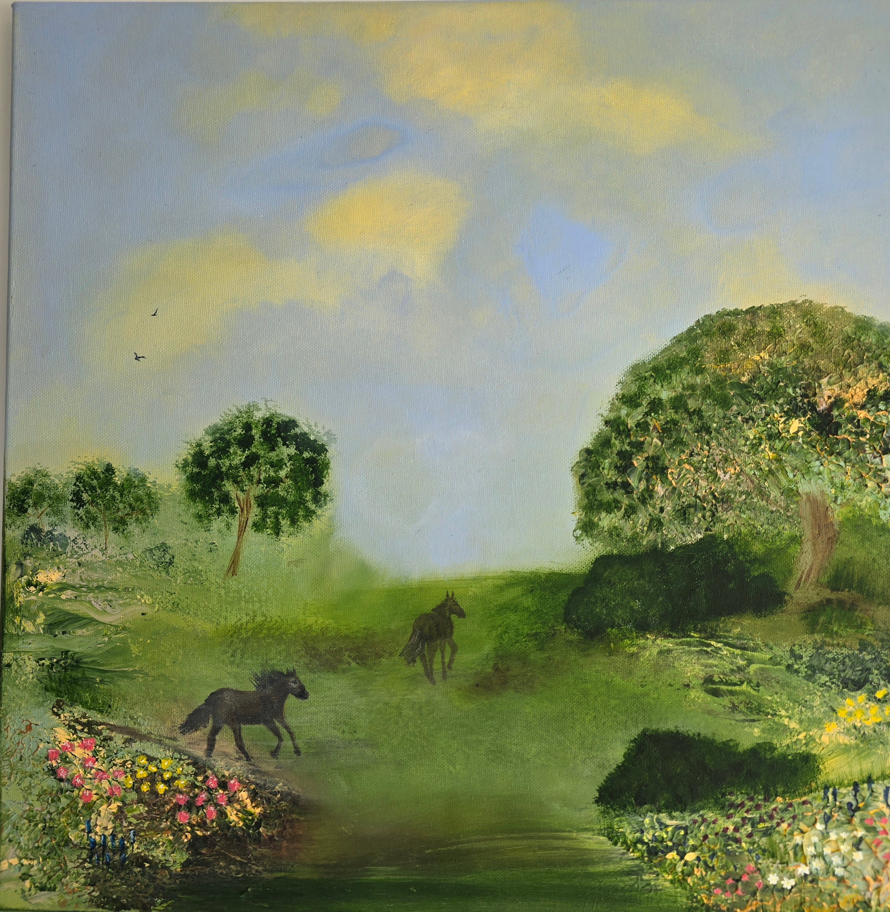 Painting of two horses in a pastoral landscape with trees and flowers.
