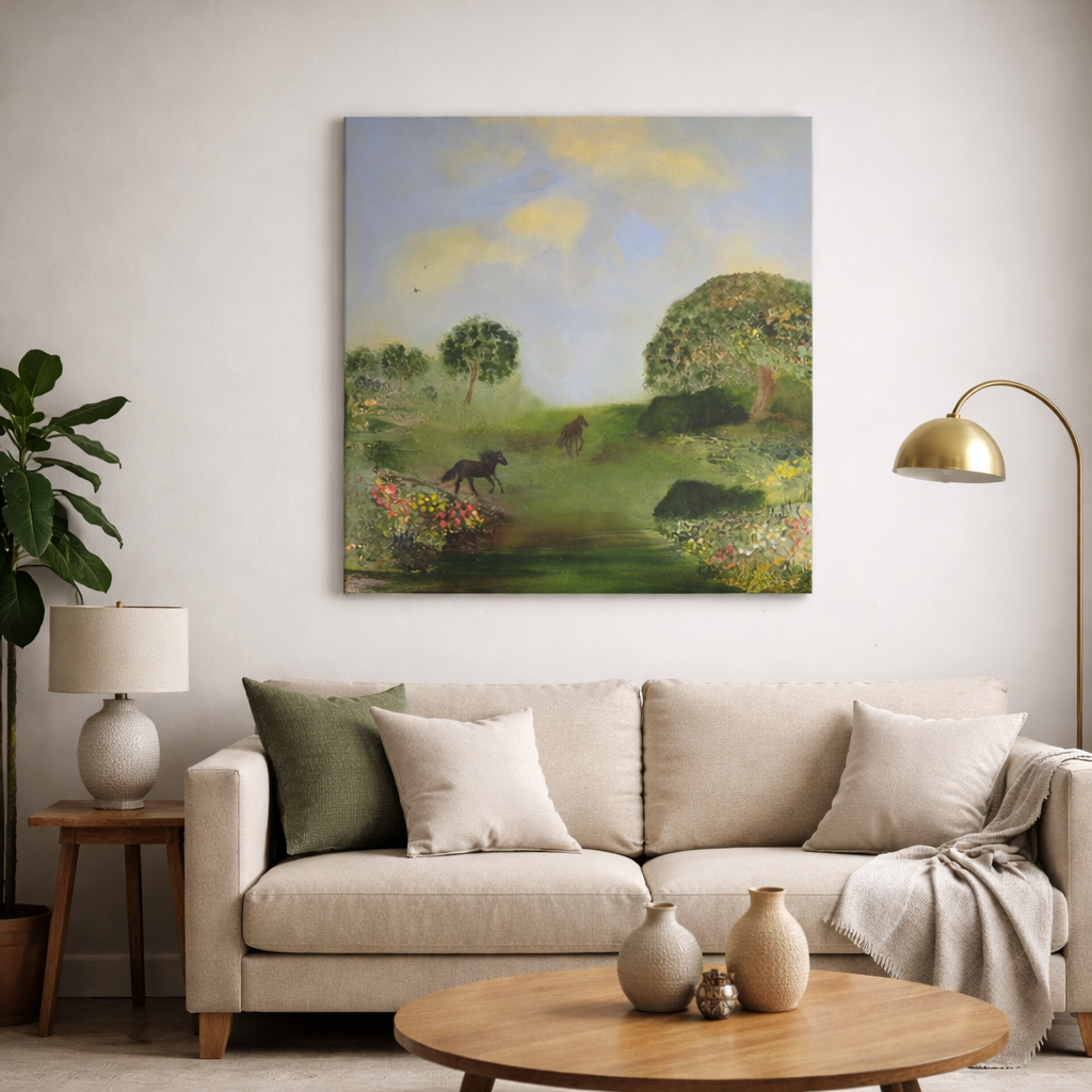 Two horses walking freely through a green countryside landscape with wildflowers and soft sky, original painting by Donna Moon Art