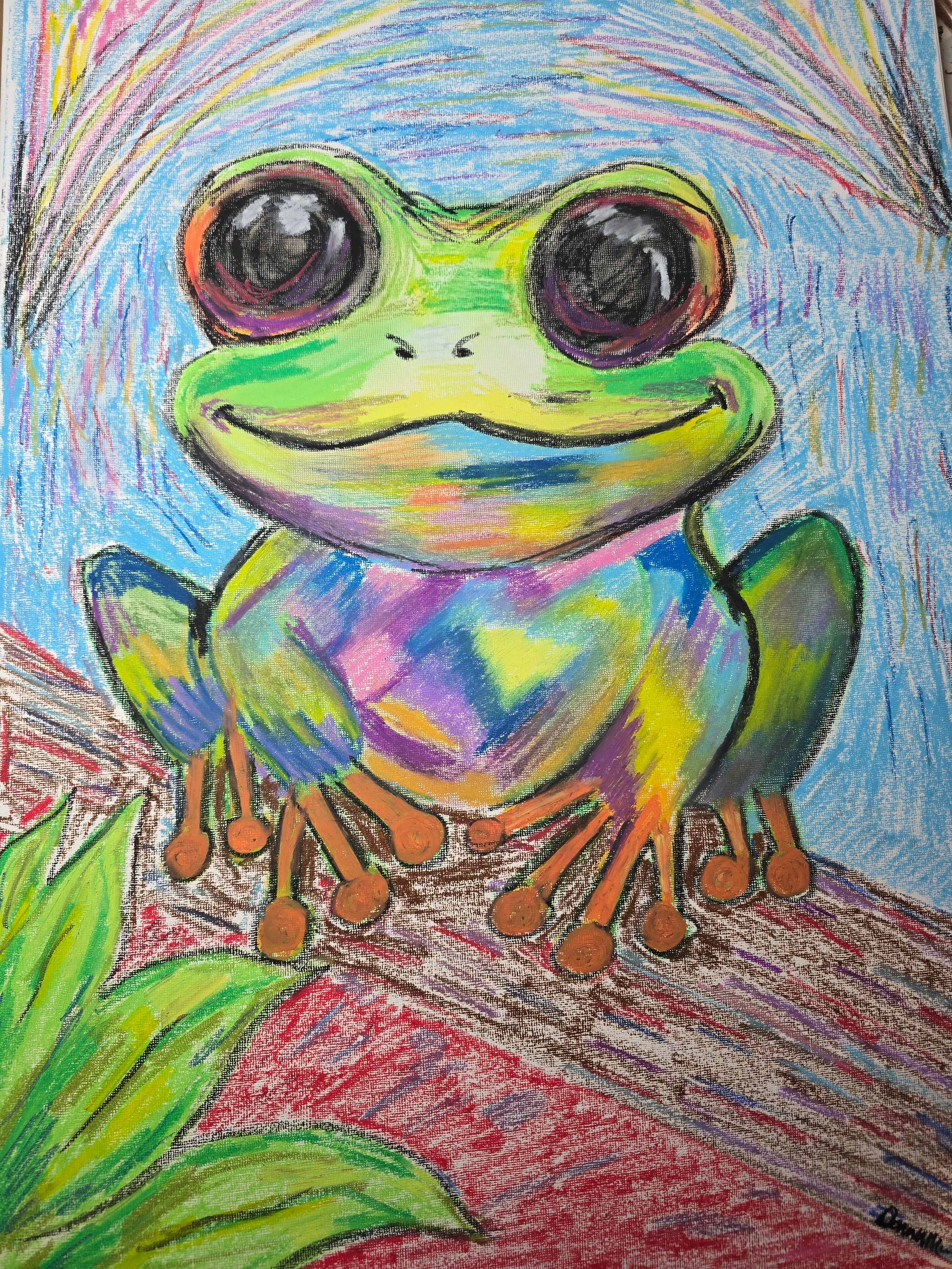 Vibrant Frog Oil Pastel Drawing | Original Hand-Drawn Art