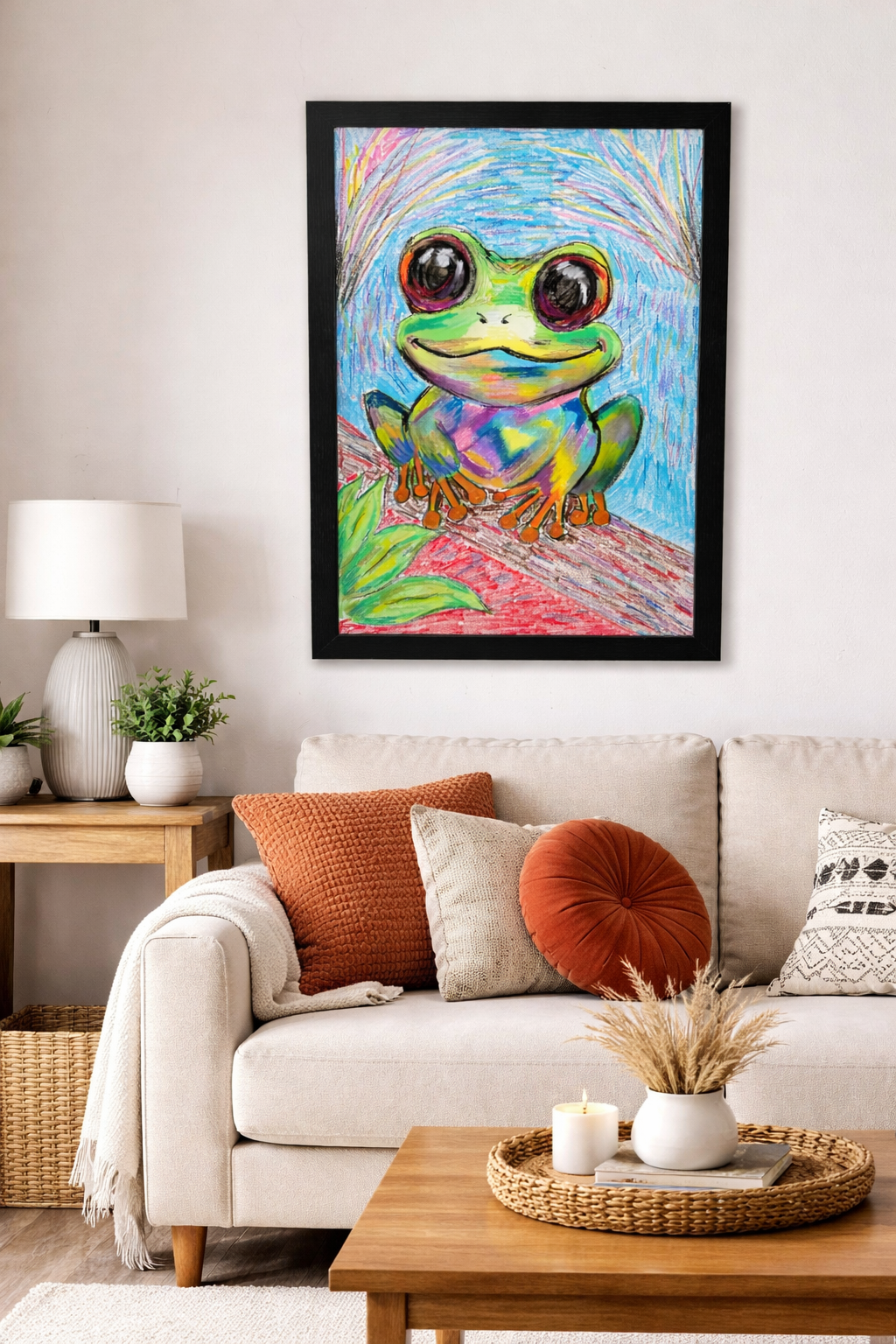 Vibrant Frog Oil Pastel Drawing | Original Hand-Drawn Art