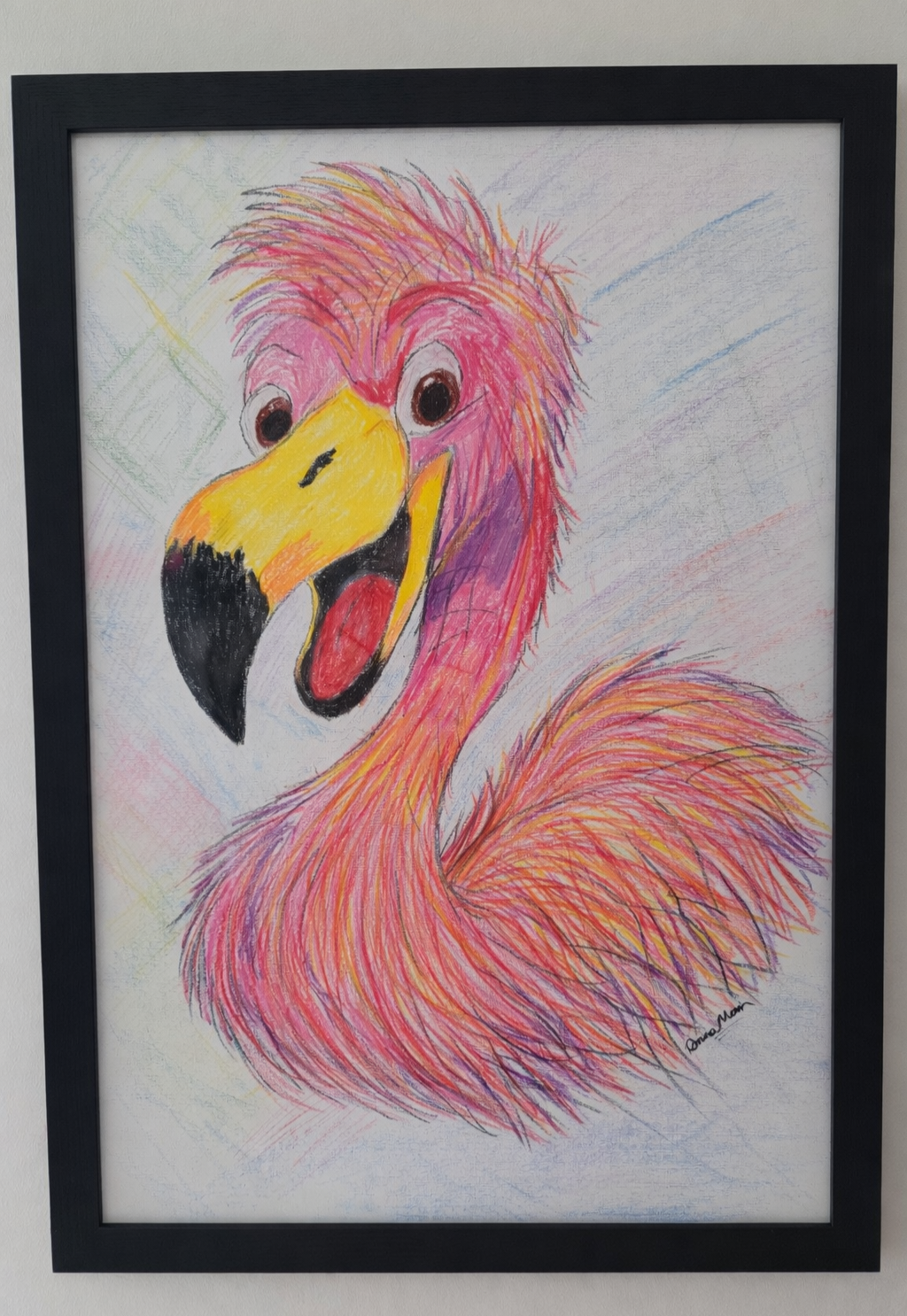 Cheeky Flamingo – Original Oil Pastel Drawing