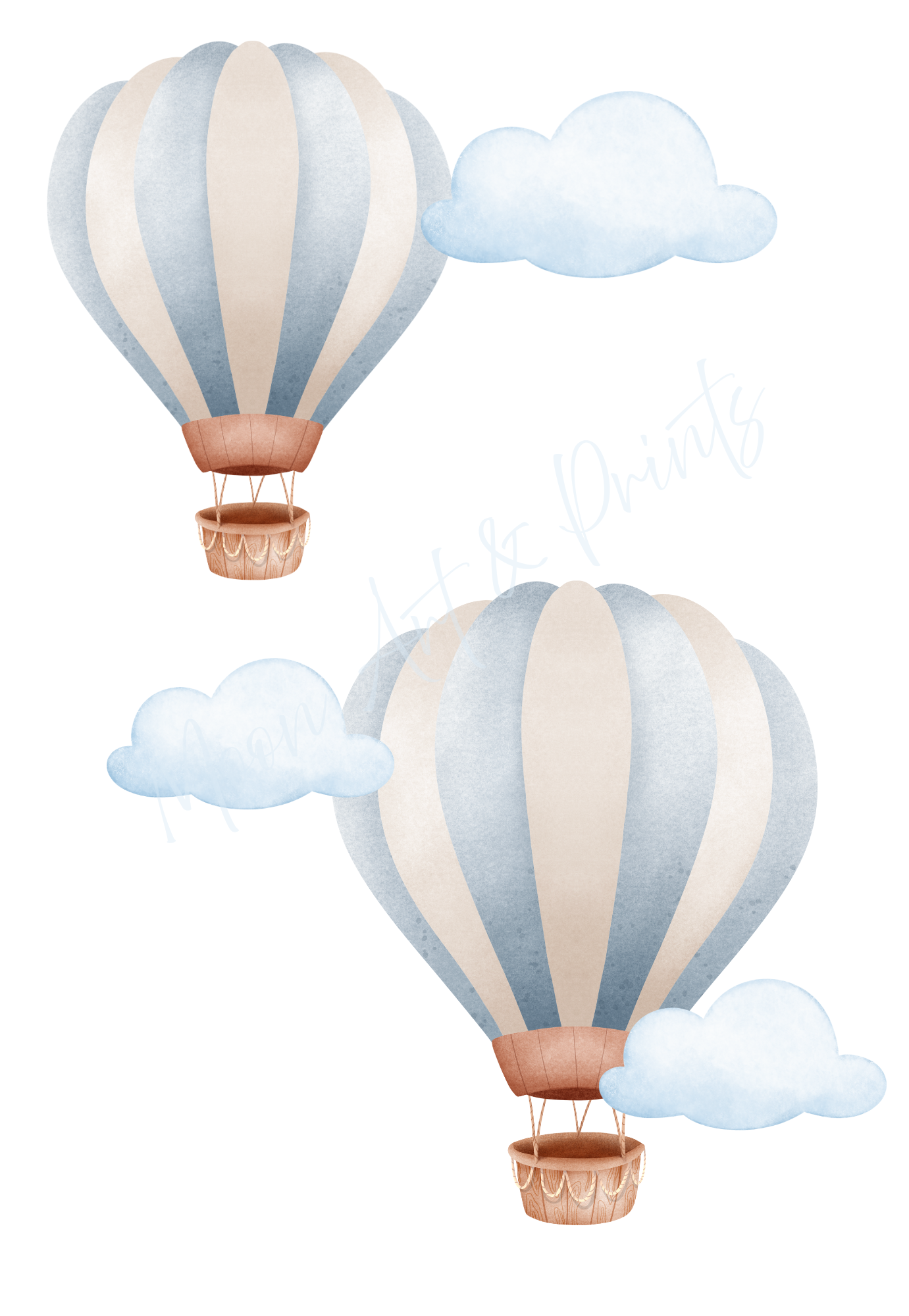 Blue striped hot air balloons nursery print with clouds watercolour
