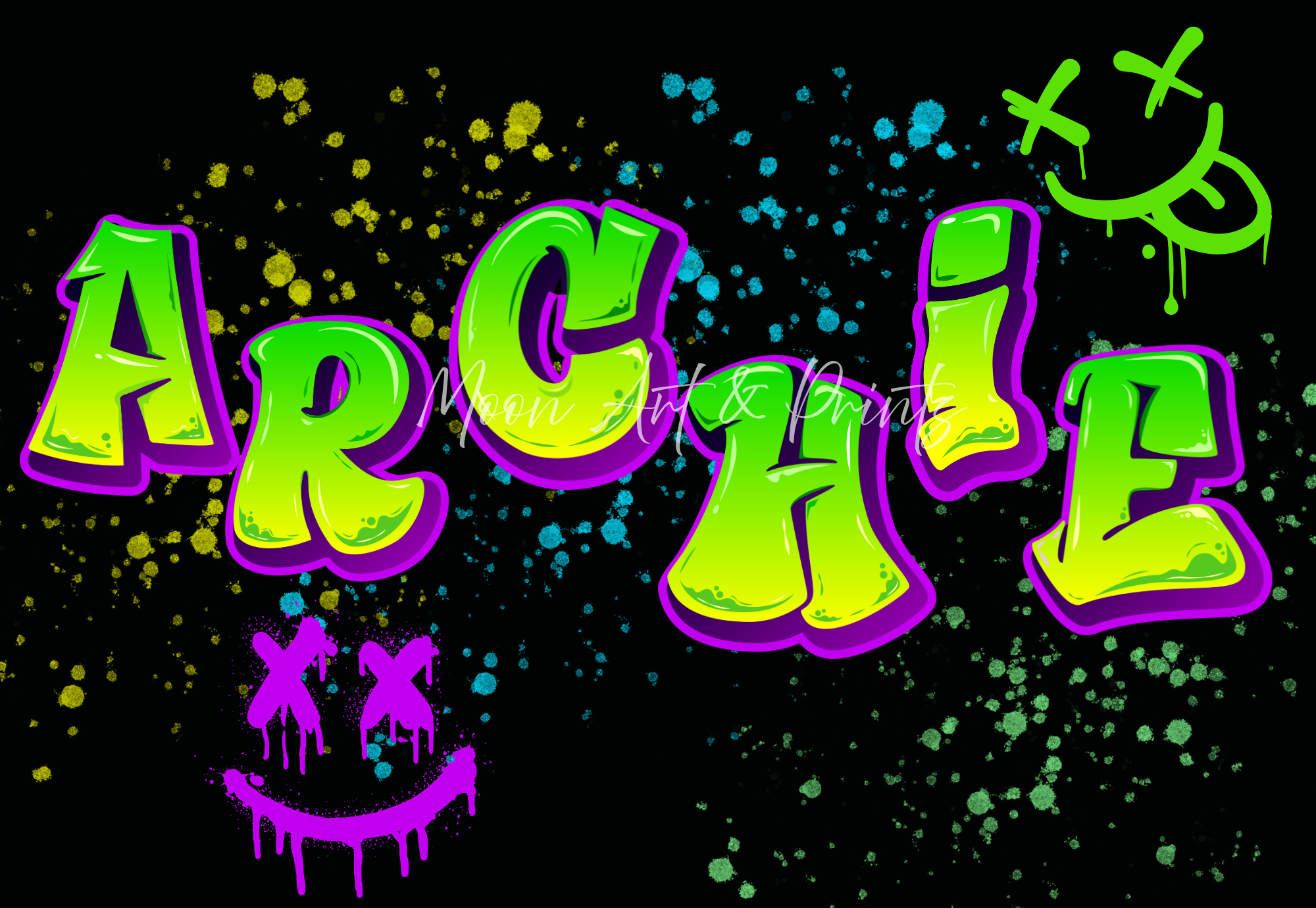 Custom graffiti wall art with neon colours for kids bedroom