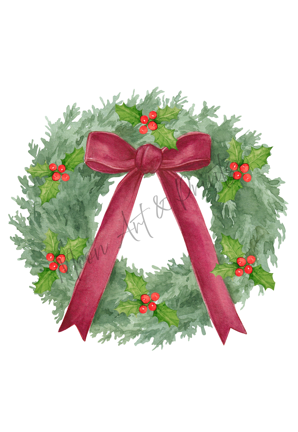 Watercolour illustration of a green Christmas wreath decorated with holly leaves, red berries and a large deep-red bow.