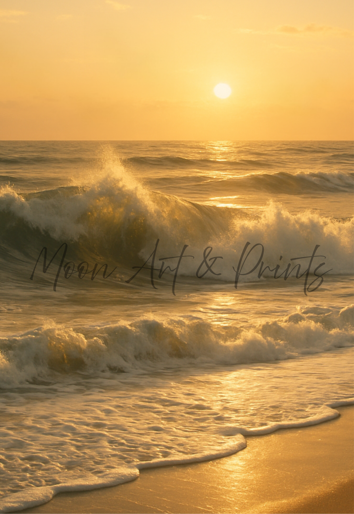 Photograph of golden waves crashing onto the shore at sunset, with warm sunlight reflecting across the ocean.
