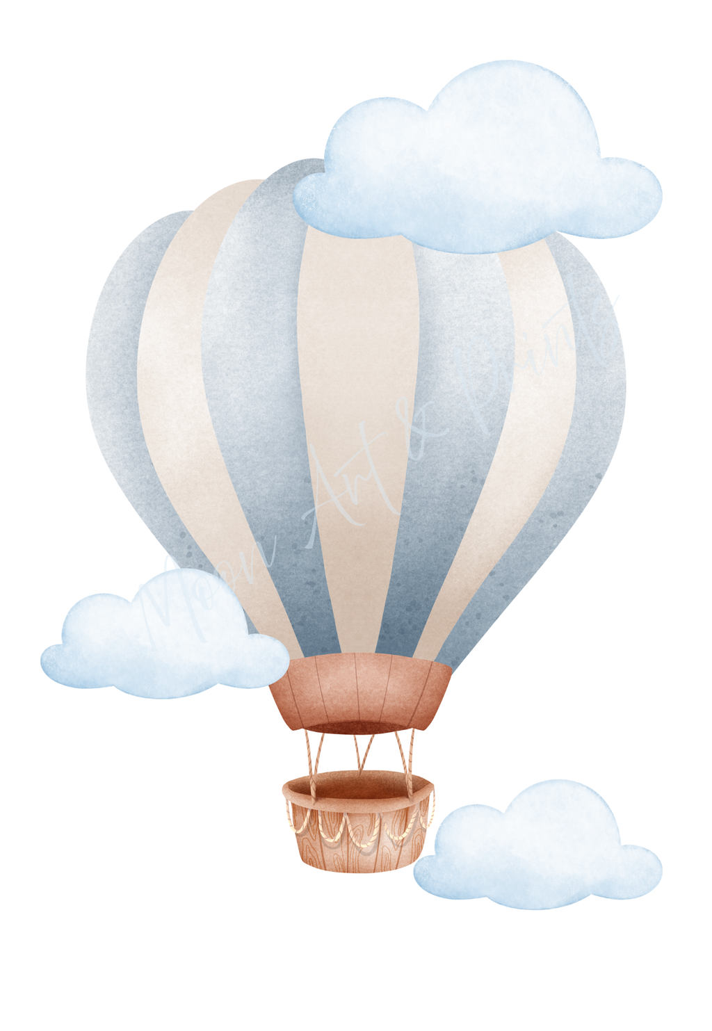 Striped hot air balloon with clouds blue nursery wall art print
