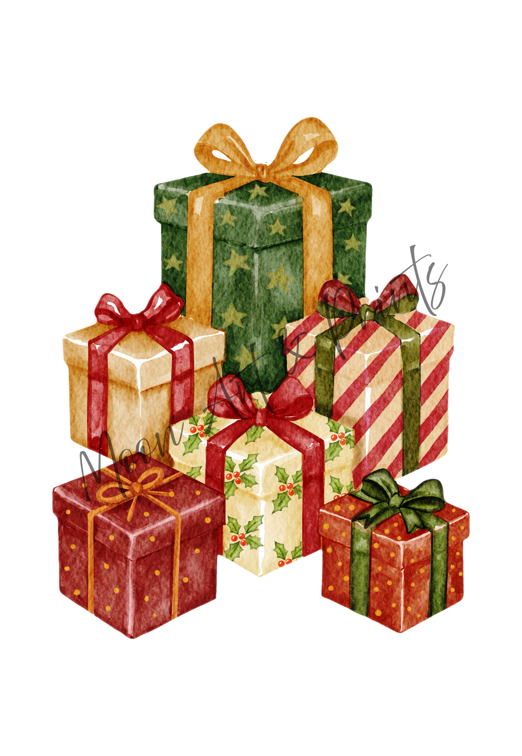 Watercolour stack of Christmas gift boxes in red, green and gold wrapping with festive ribbons and holly patterns.