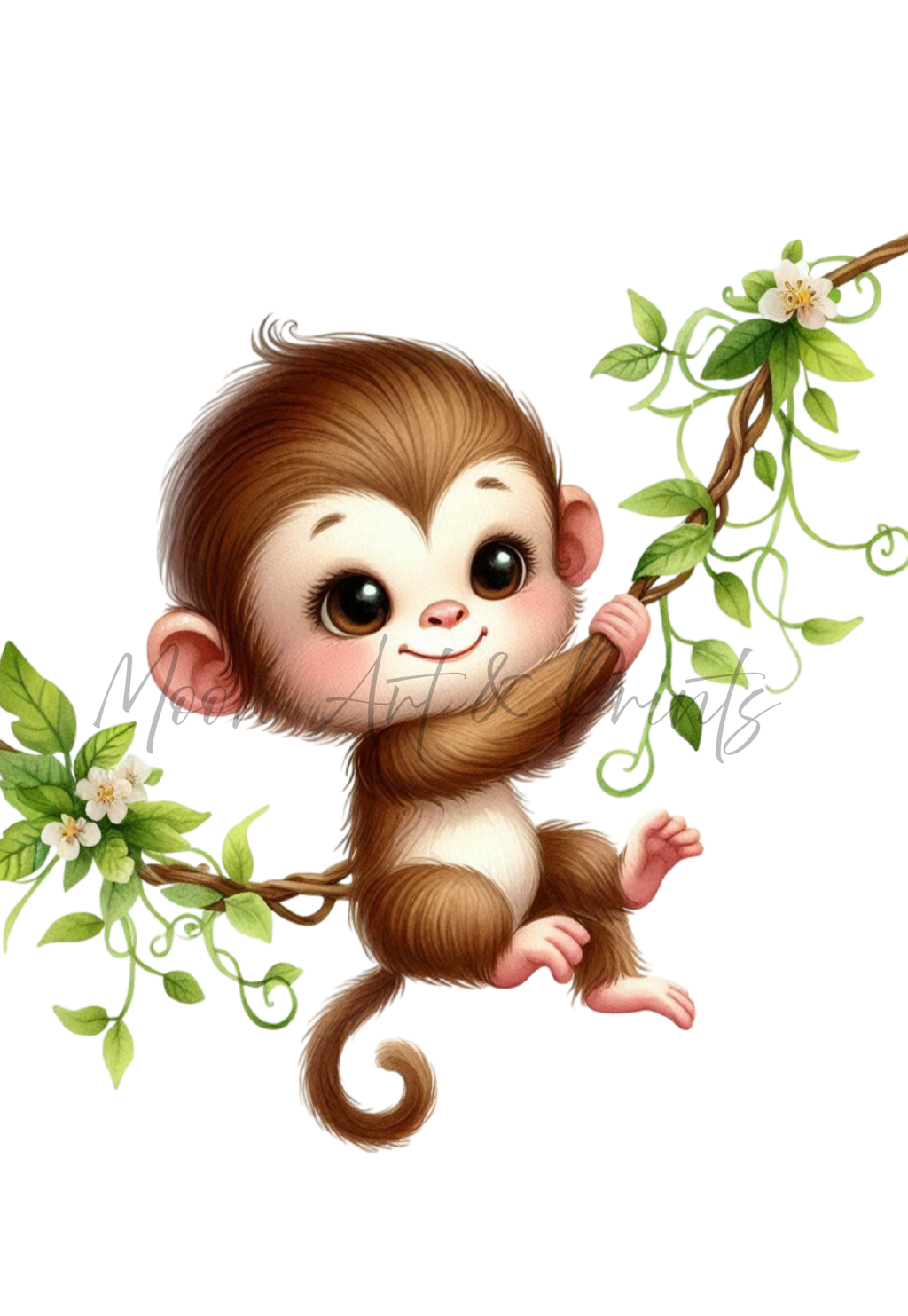 Cute baby monkey hanging from a leafy vine with a happy smile
