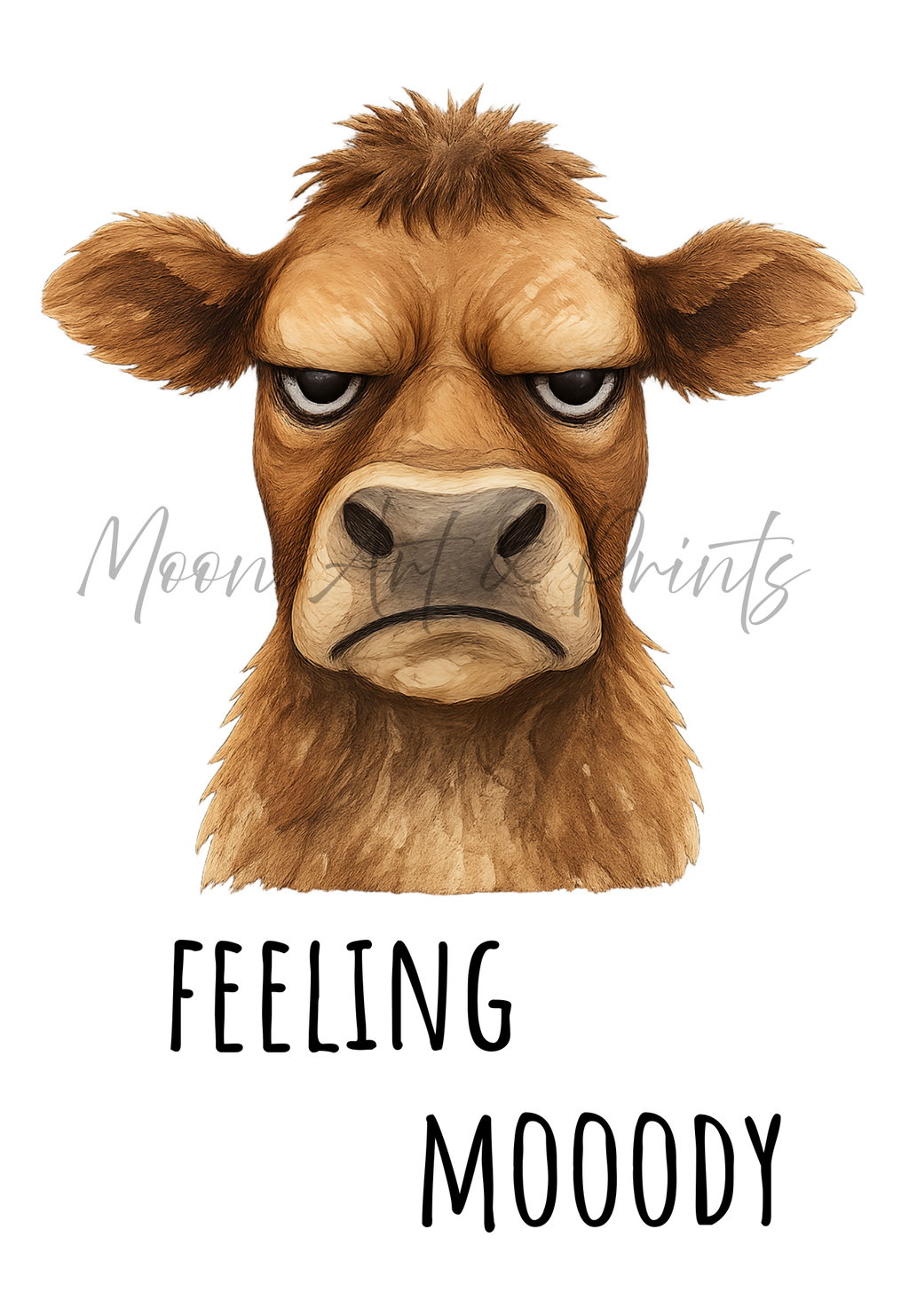 Illustration of a moody cow with text 'Feeling Moody' on a white background