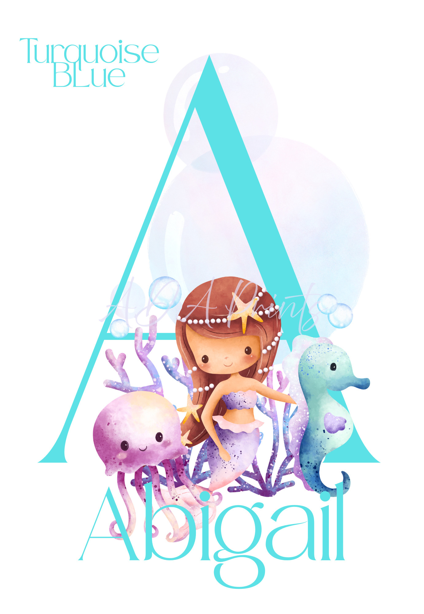 Personalised Mermaid Initial & Name Print | Bedroom Decor | Custom Mermaid Gift
