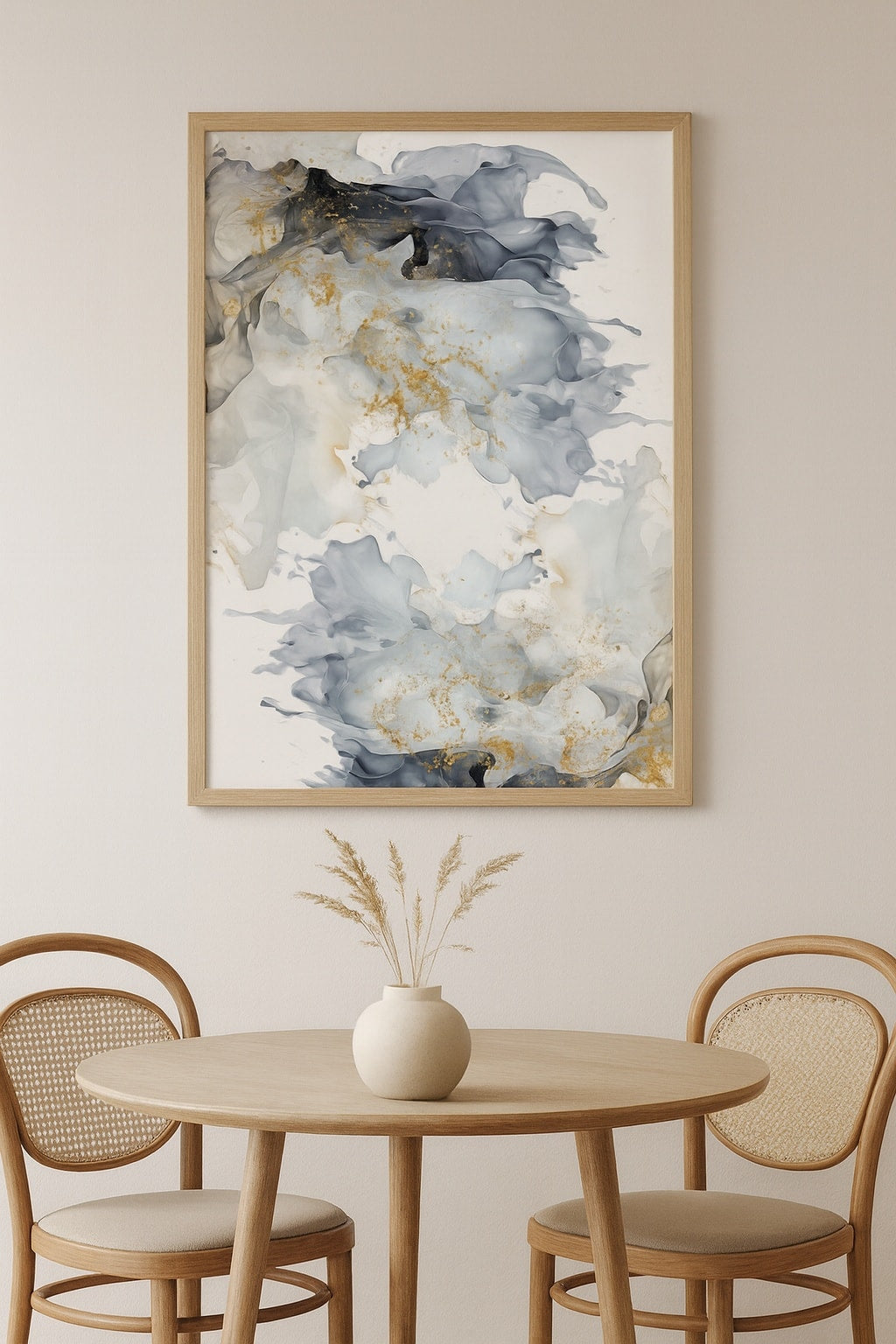 Blue grey and gold luxury abstract wall art print with fluid ink design