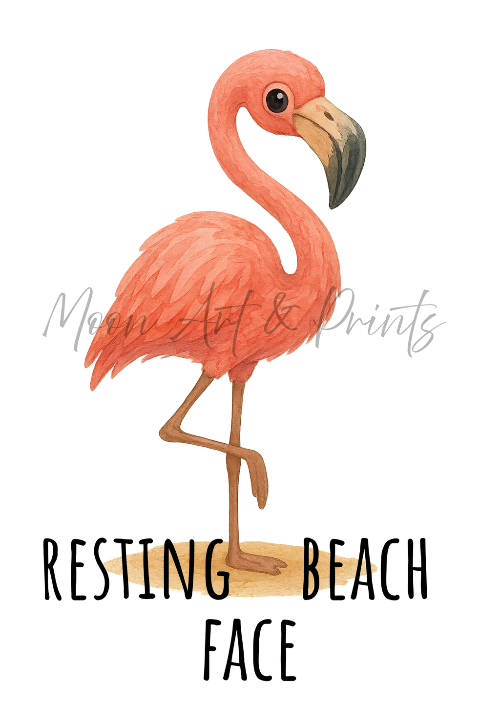 Illustration of a pink flamingo with 'Resting Beach Face' text on a white background
