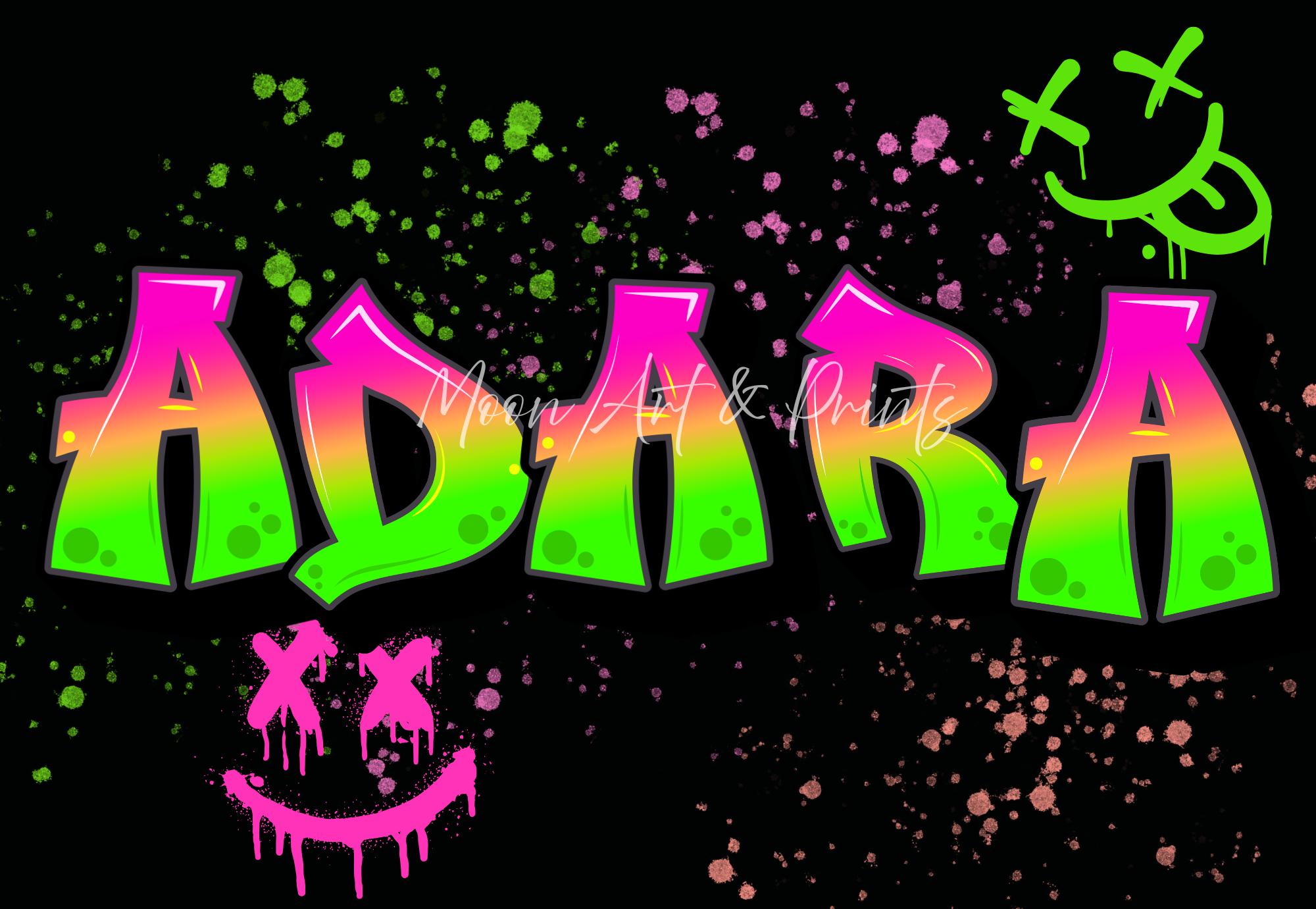 Urban style personalised name print with vibrant neon colours