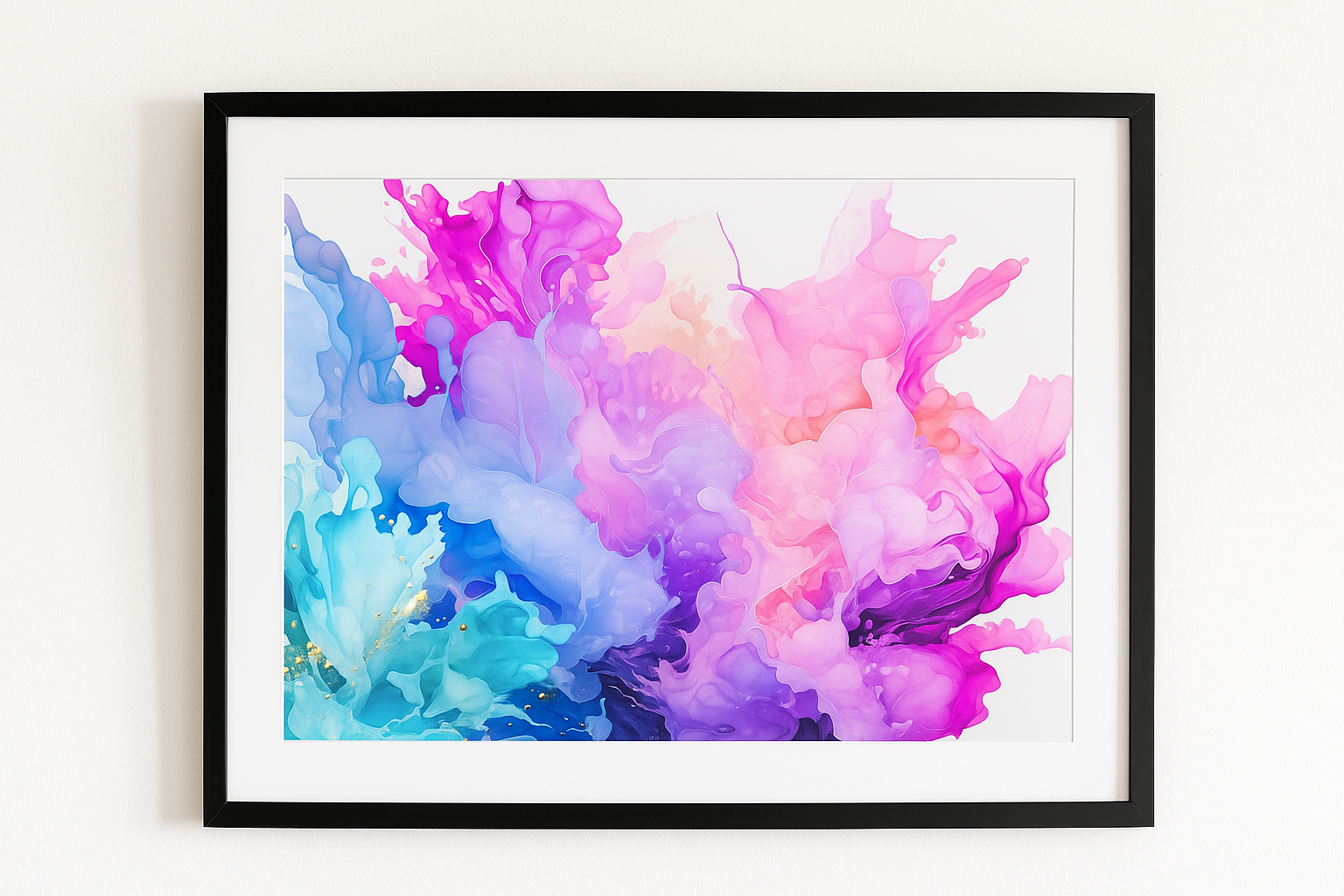 Vibrant abstract colour explosion wall art in pink blue and purple tones