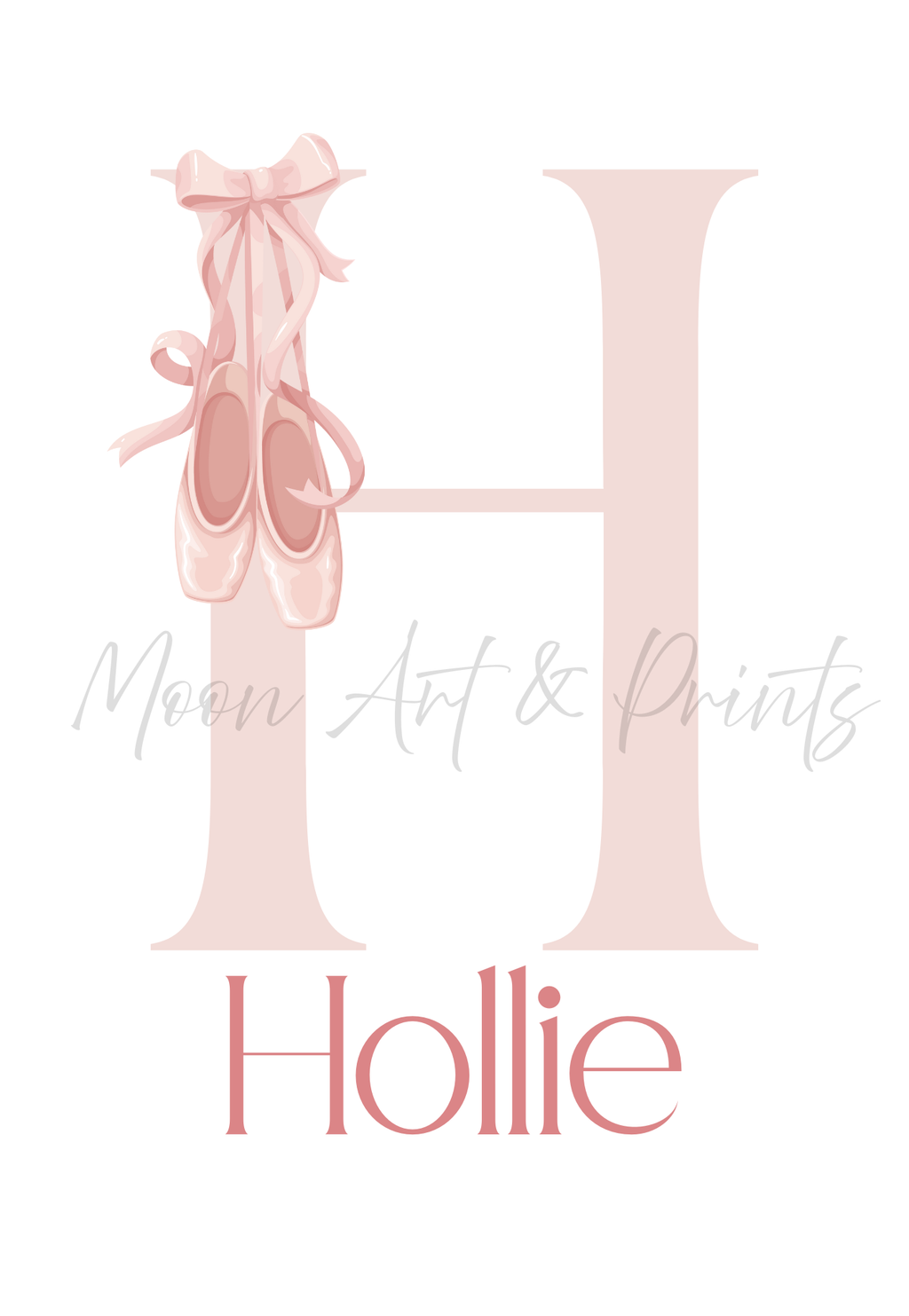 Personalised ballet print with initial H and pink ballet shoes, girls bedroom wall art 
