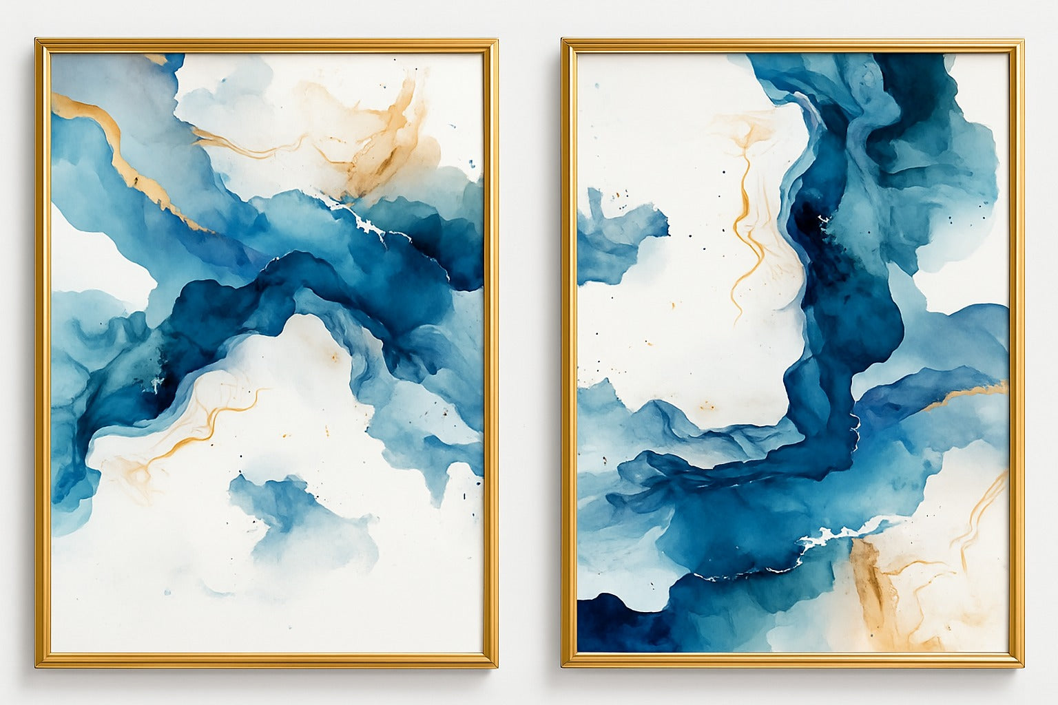 Set of 2 blue and gold fluid abstract art prints in modern frames