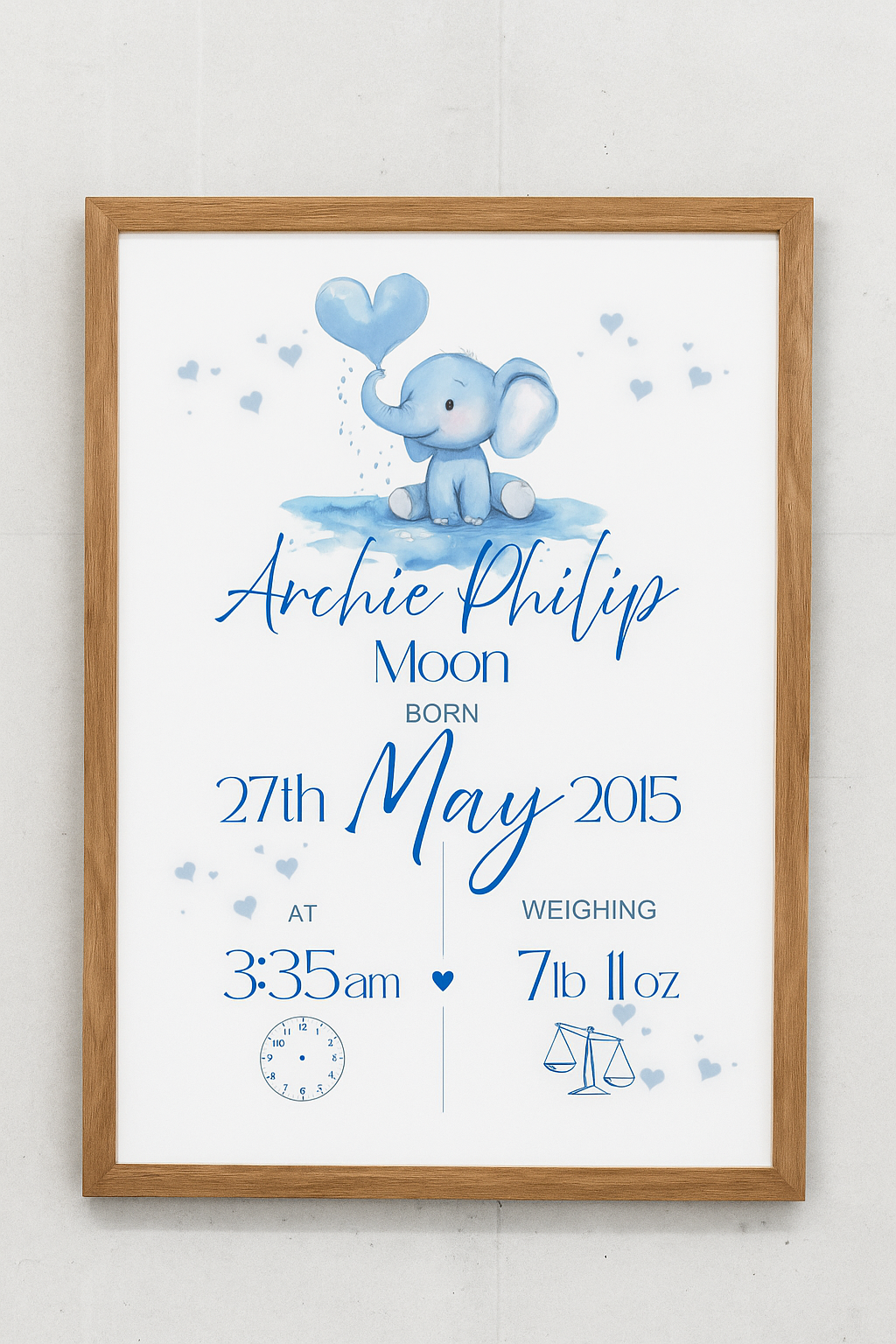 Framed baby poster with blue elephant design on a white background