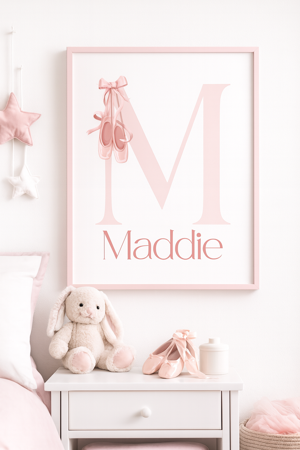 Personalised ballet print with initial M and pink ballet shoes, girls bedroom wall art 