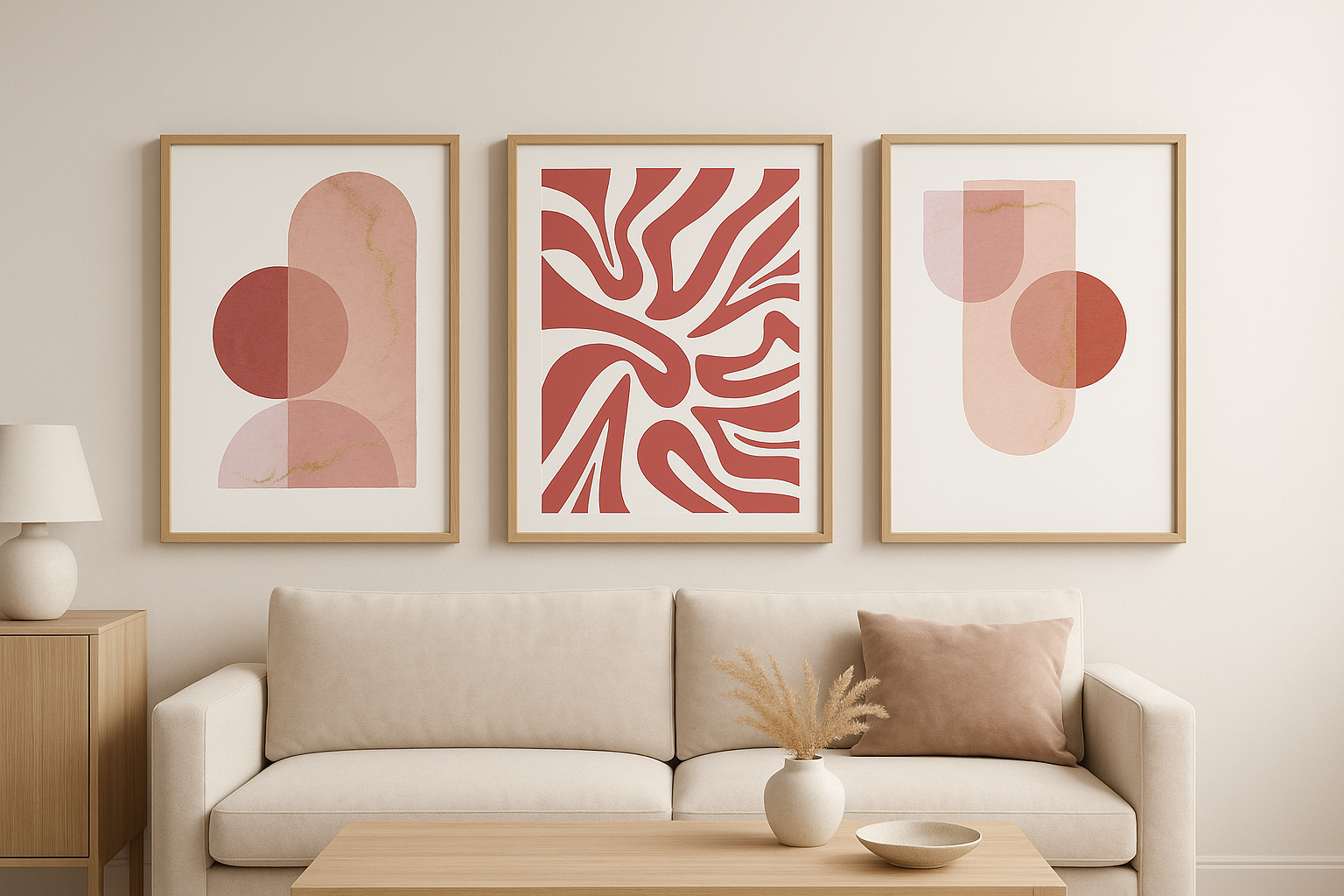 Set of 3 abstract pink wall art prints with minimalist geometric design