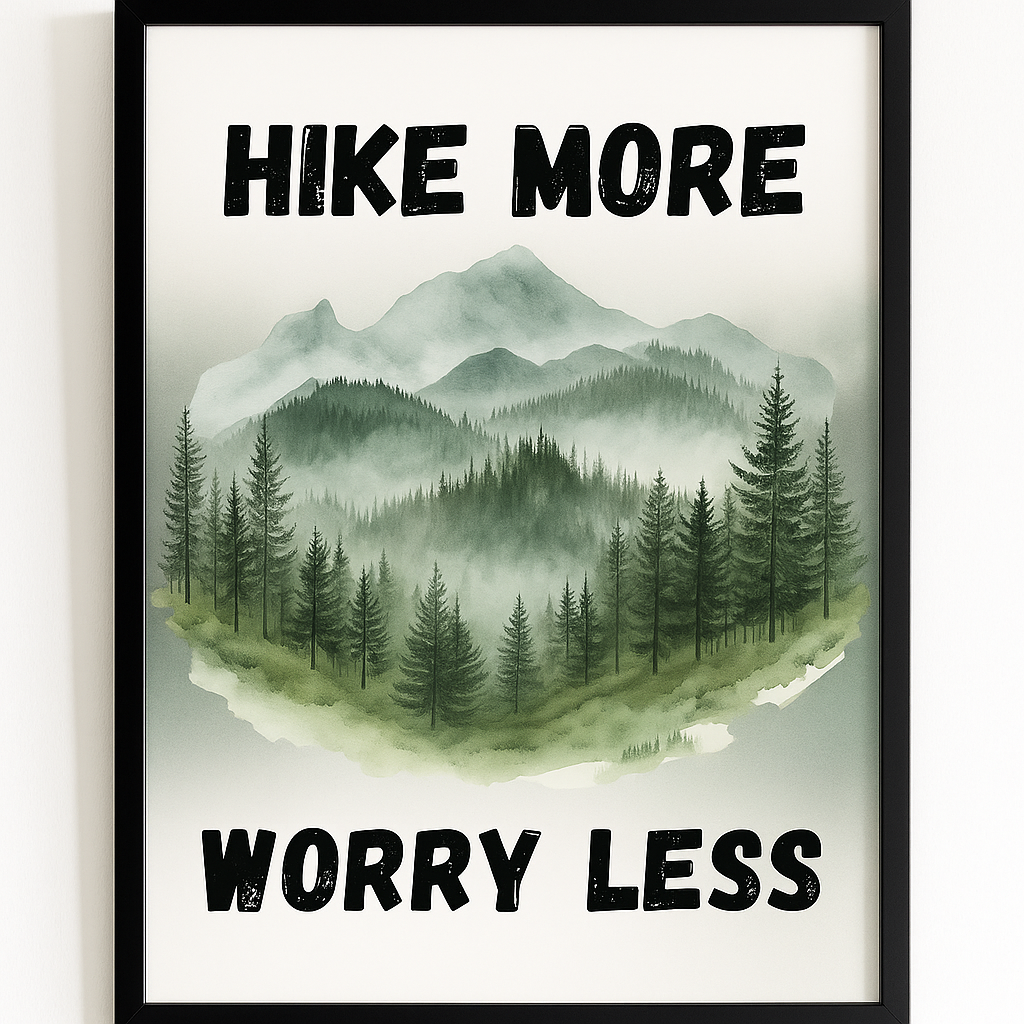 Hike More Worry Less mountain wall art print for nature lovers