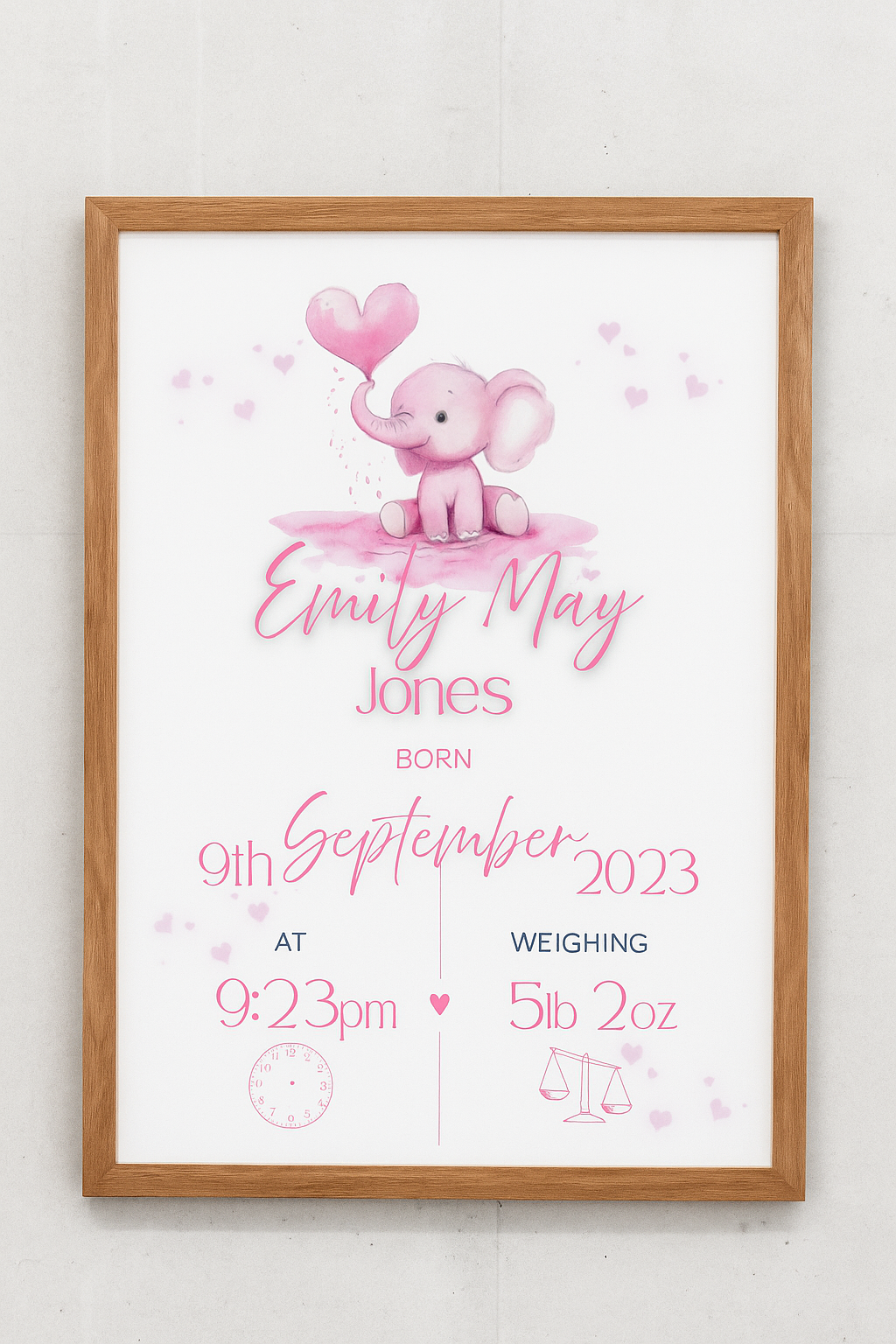 Personalised baby birth print elephant nursery wall art with custom details