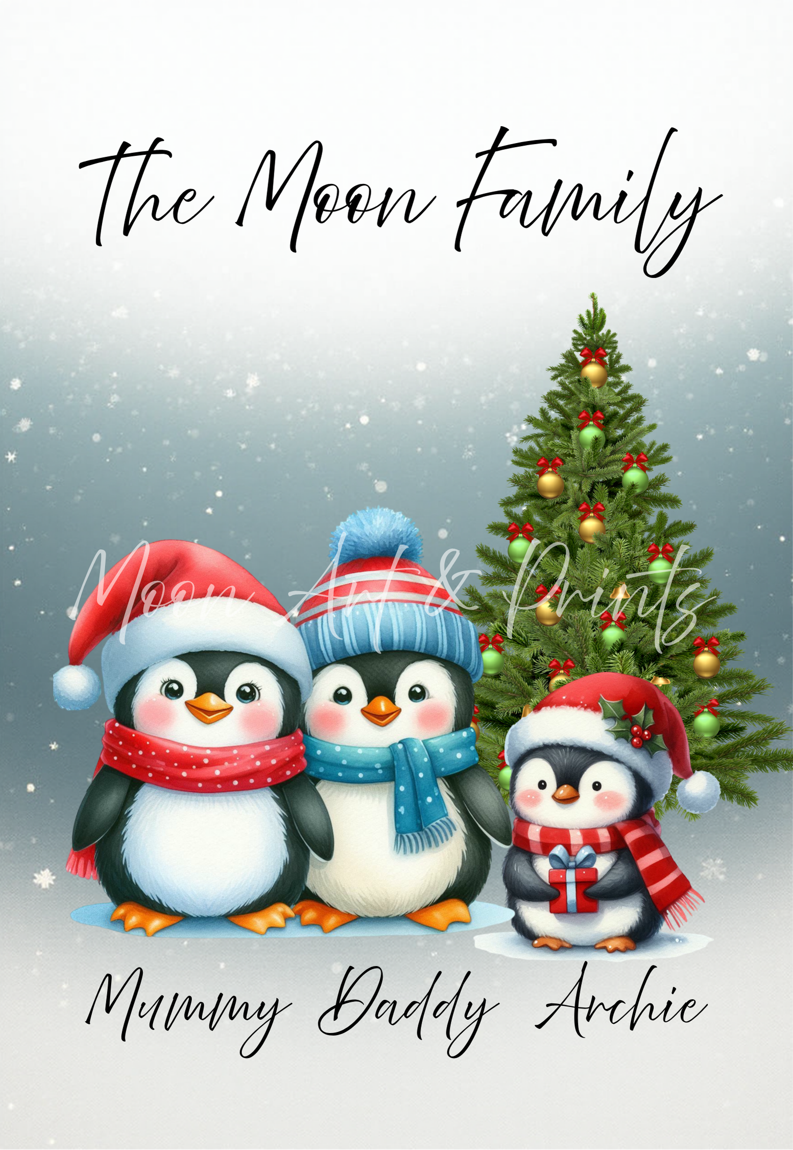 Personalised Christmas penguin family print with festive winter design