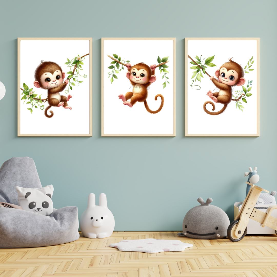 Monkey Trio Nursery Wall Art – Jungle Animal Prints (Set of 3)