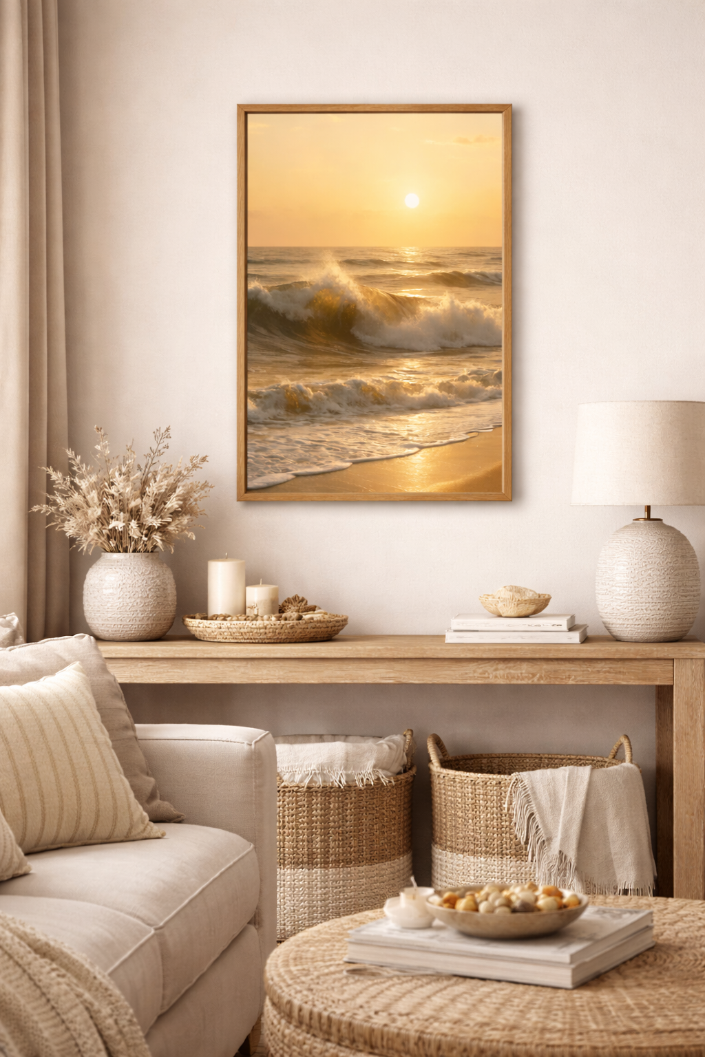 Living room with a sunset over ocean painting on the wall, beige sofa, and decorative items.