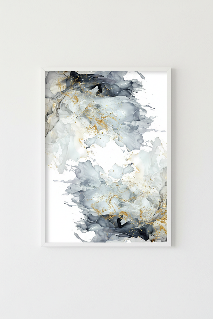 Modern abstract art print with grey, white, and gold colours on a white background