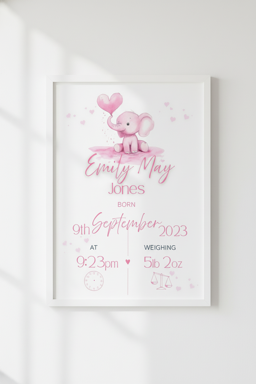 Framed artwork with a pink elephant holding a heart, personalized birth details, on a white background.