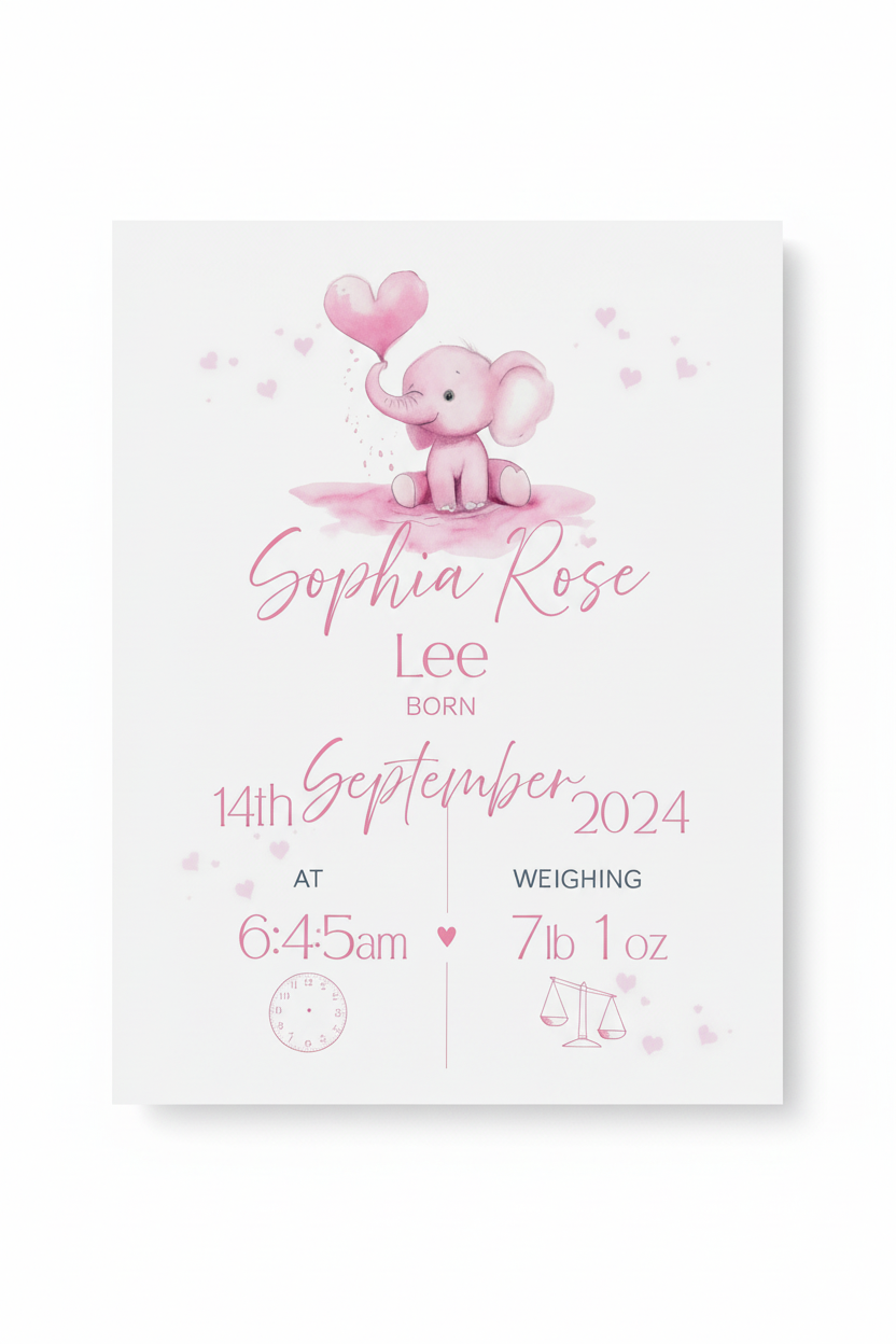 Baby birth announcement card with a pink elephant holding a heart balloon on a white background.