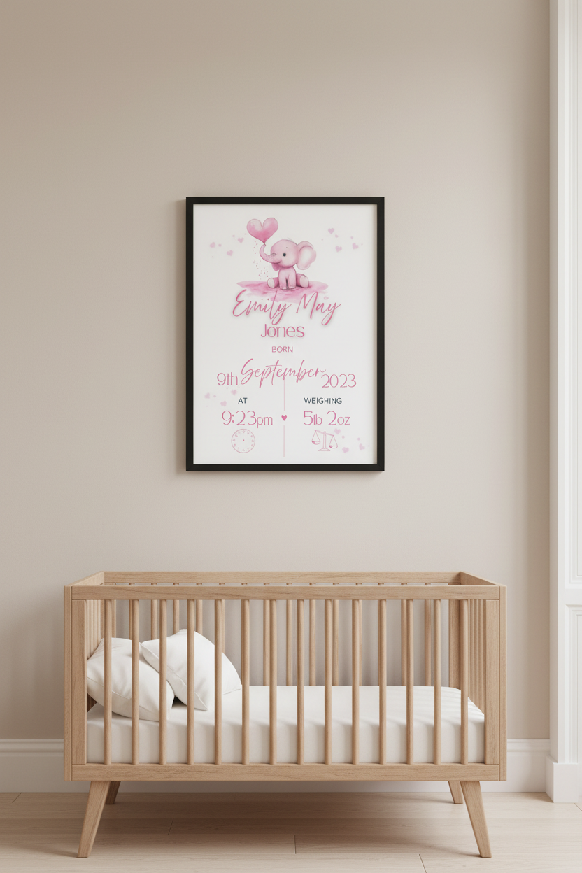 Custom new born baby birth announcement print elephant design
