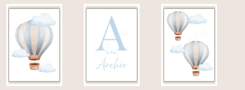 Personalised hot air balloon nursery prints set of 3 blue watercolour wall art background