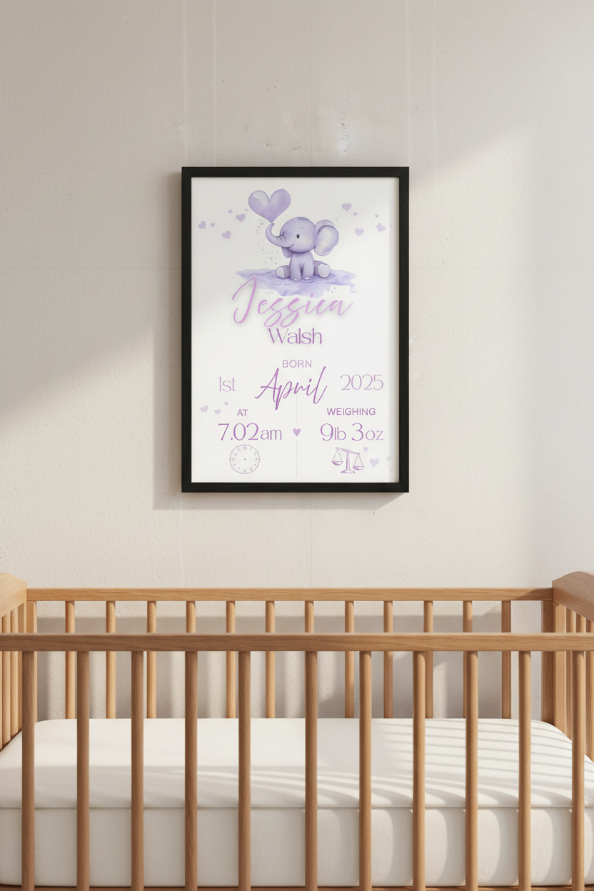 Framed baby poster with elephant illustration above a crib