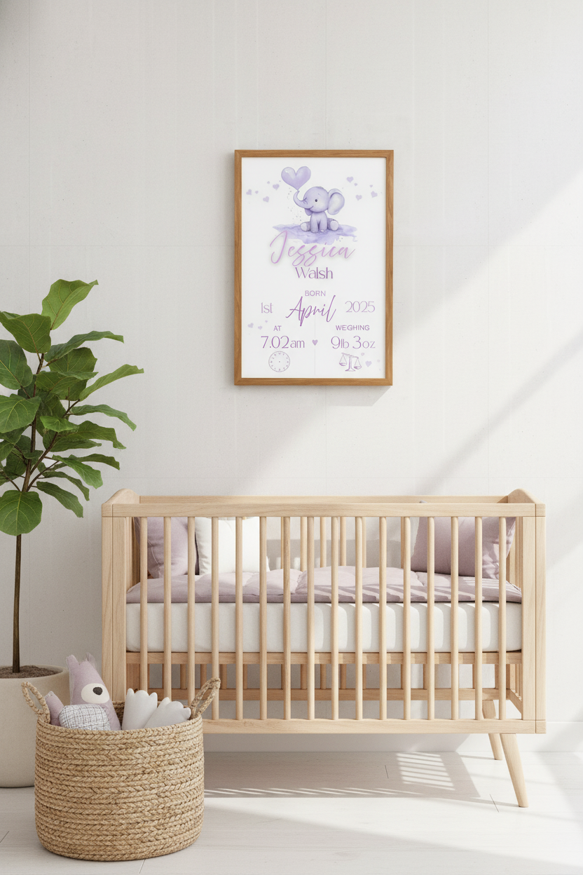Nursery room with wooden cot, basket of toys, and framed artwork on the wall.