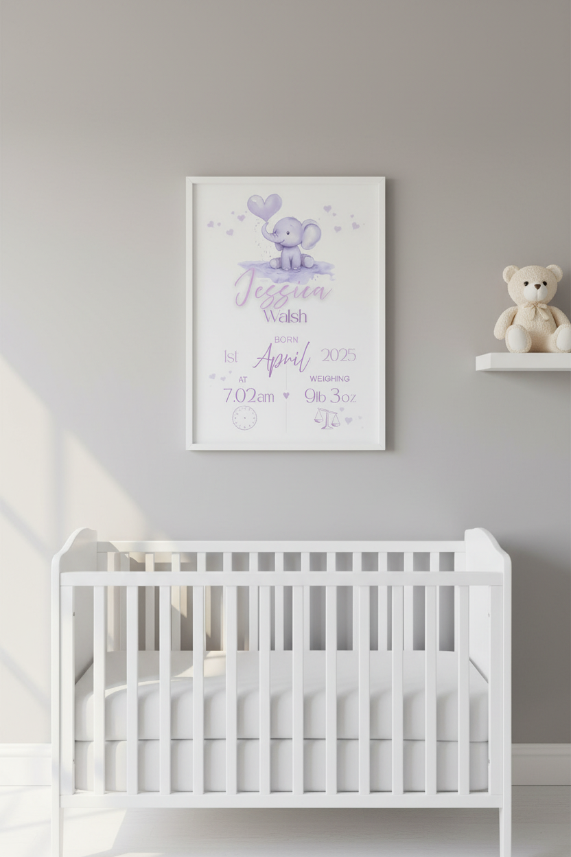 Baby room with a crib, framed birth announcement, and teddy bear.