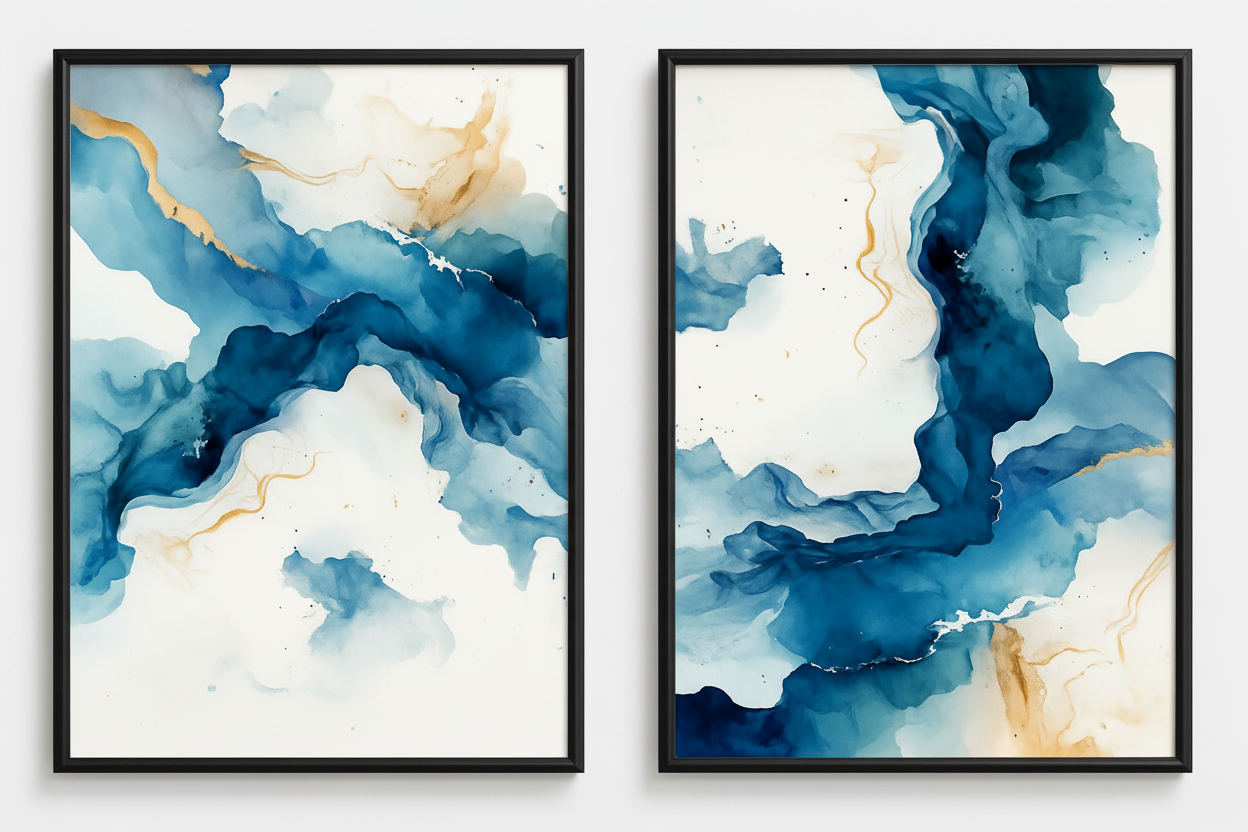 Two abstract art prints with blue and gold colors on a white background