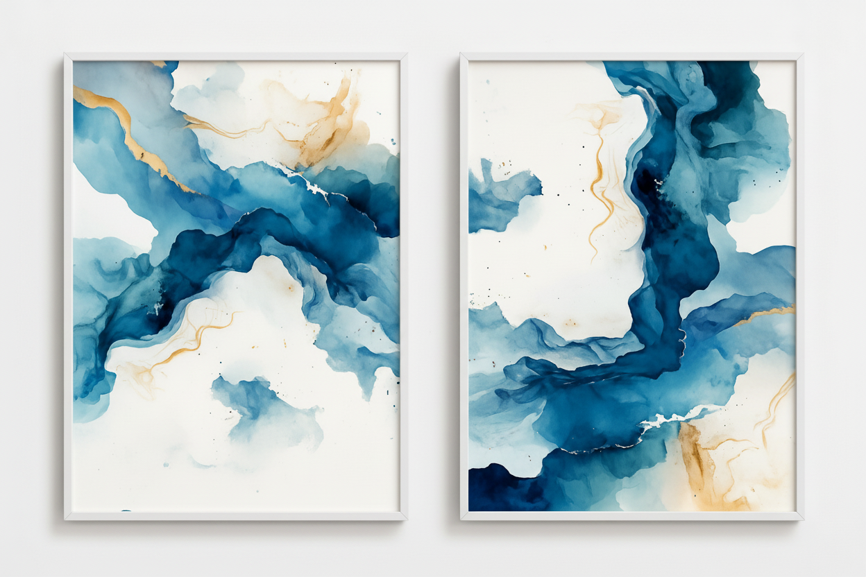 Two abstract art pieces with blue and white colors on a white background