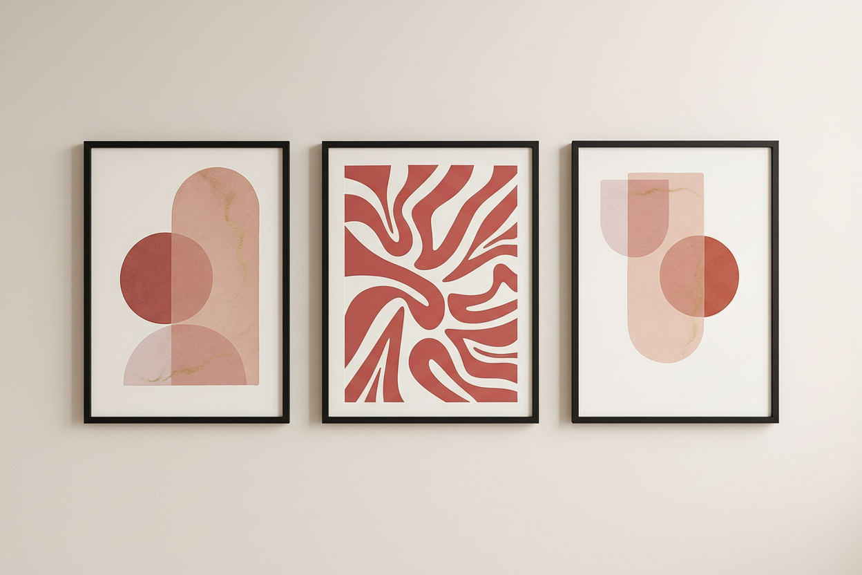 Modern pink abstract wall art set in black frames- contemporary home decor 