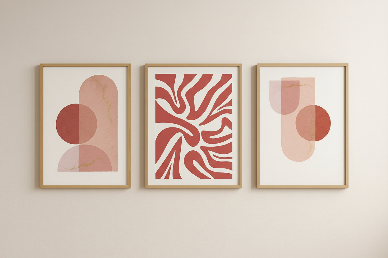 Abstract pink wall art trio in gold frames- elegant modern interior decor