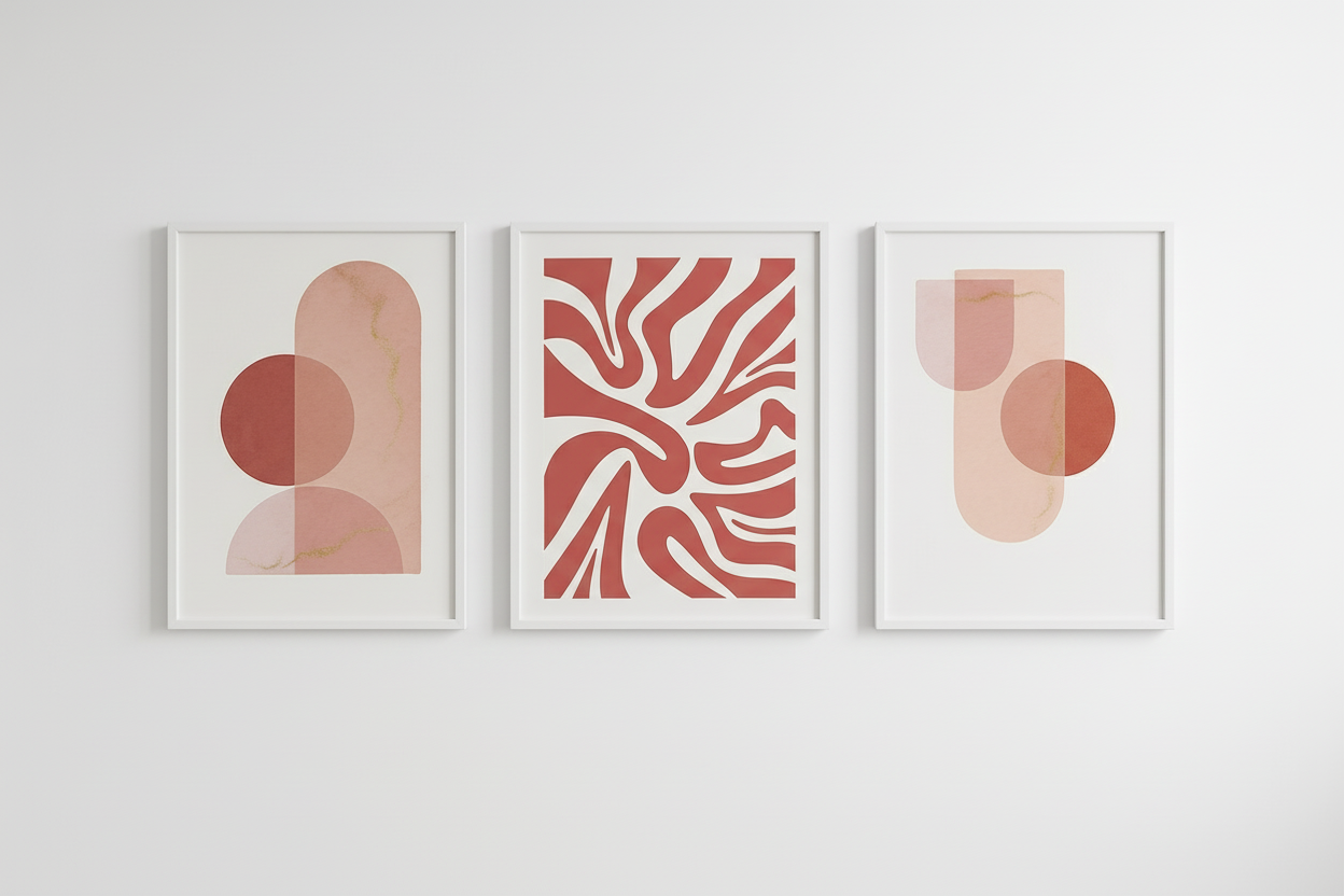 Blush pink geometric prints in white frames- Scandinavian style wall art