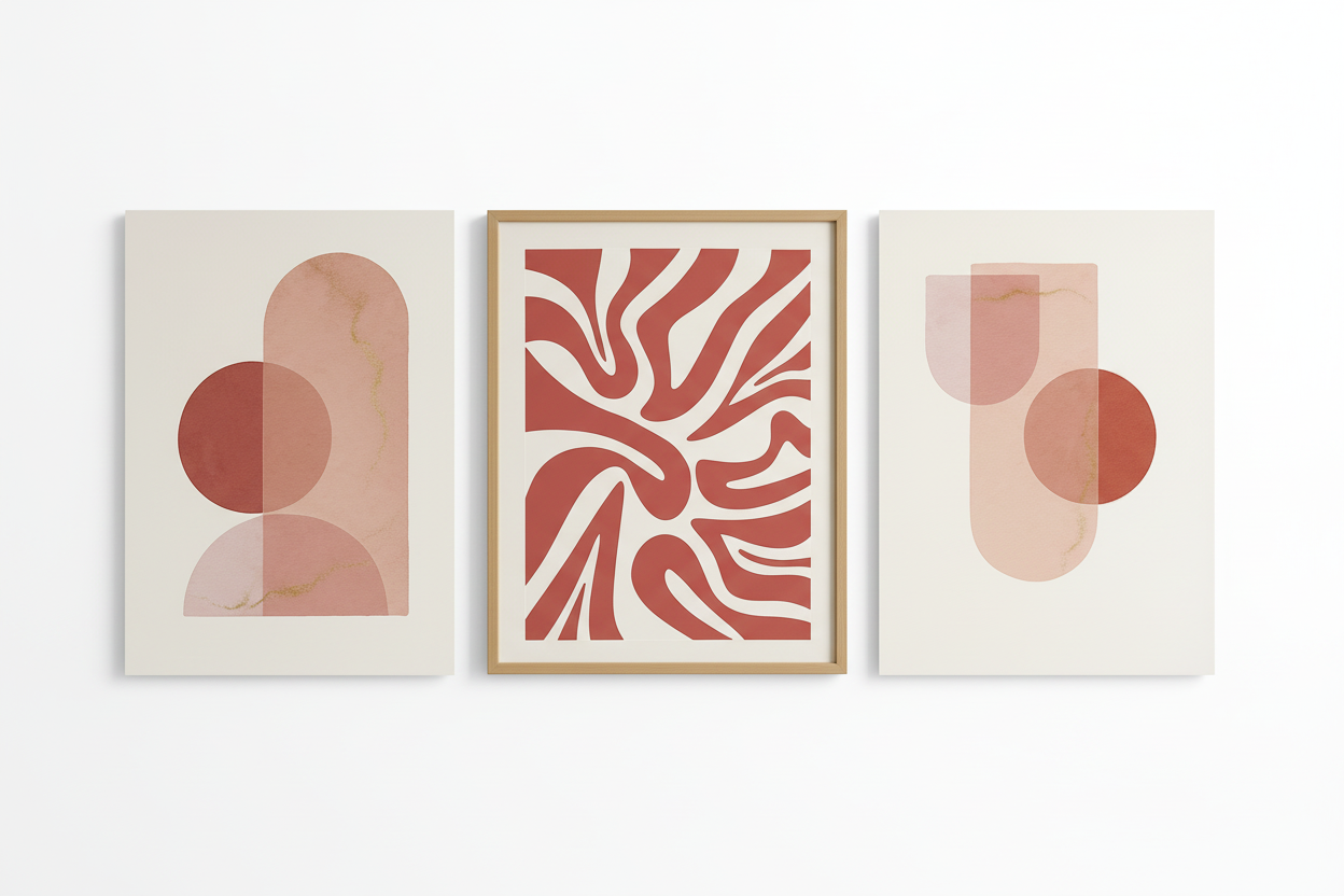 Set of 3 Abstract Pink Wall Art Prints - Modern Minimalist Geometric Art